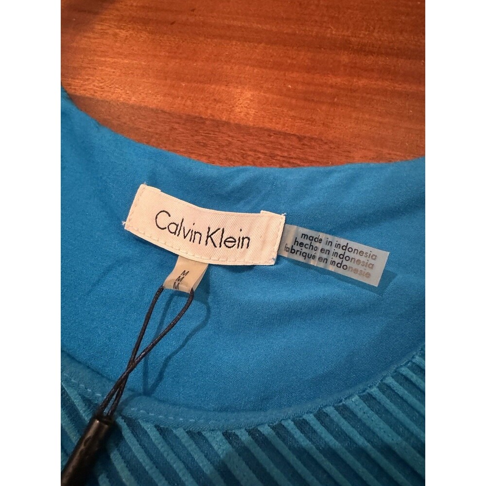 Calvin Klein Women's M Blue Mesh Stripe Asymmetric Sleeveless Tunic Tank Top NWT - Picture 2 of 8